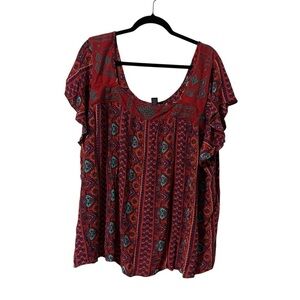 Torrid Plus Size 4 Red and Teal Flutter Sleeve Blouse Embroidery Boho Flowy